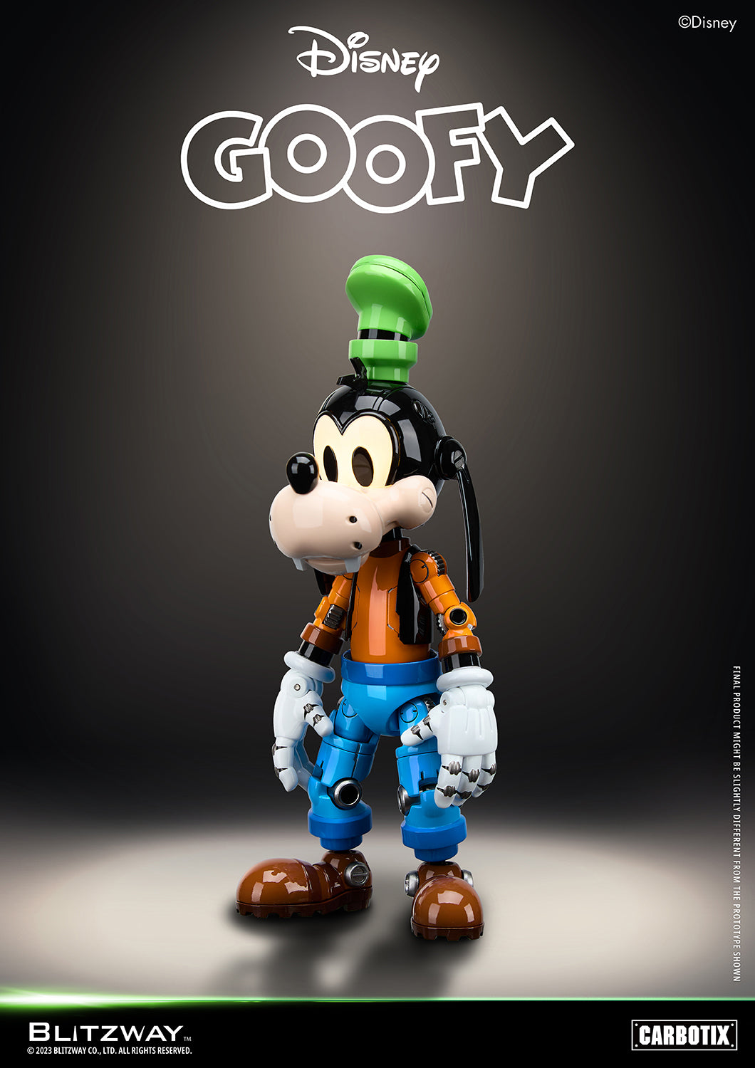 Angled front view of Blitzway Disney Carbotix Goofy 1/6 scale die-cast action figure showing robotic detailing and playful stance