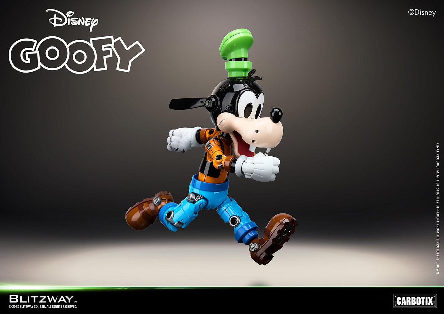 Blitzway Disney Carbotix Goofy 1/6 scale die-cast action figure in a lively side-running pose with arms forward and wide smile