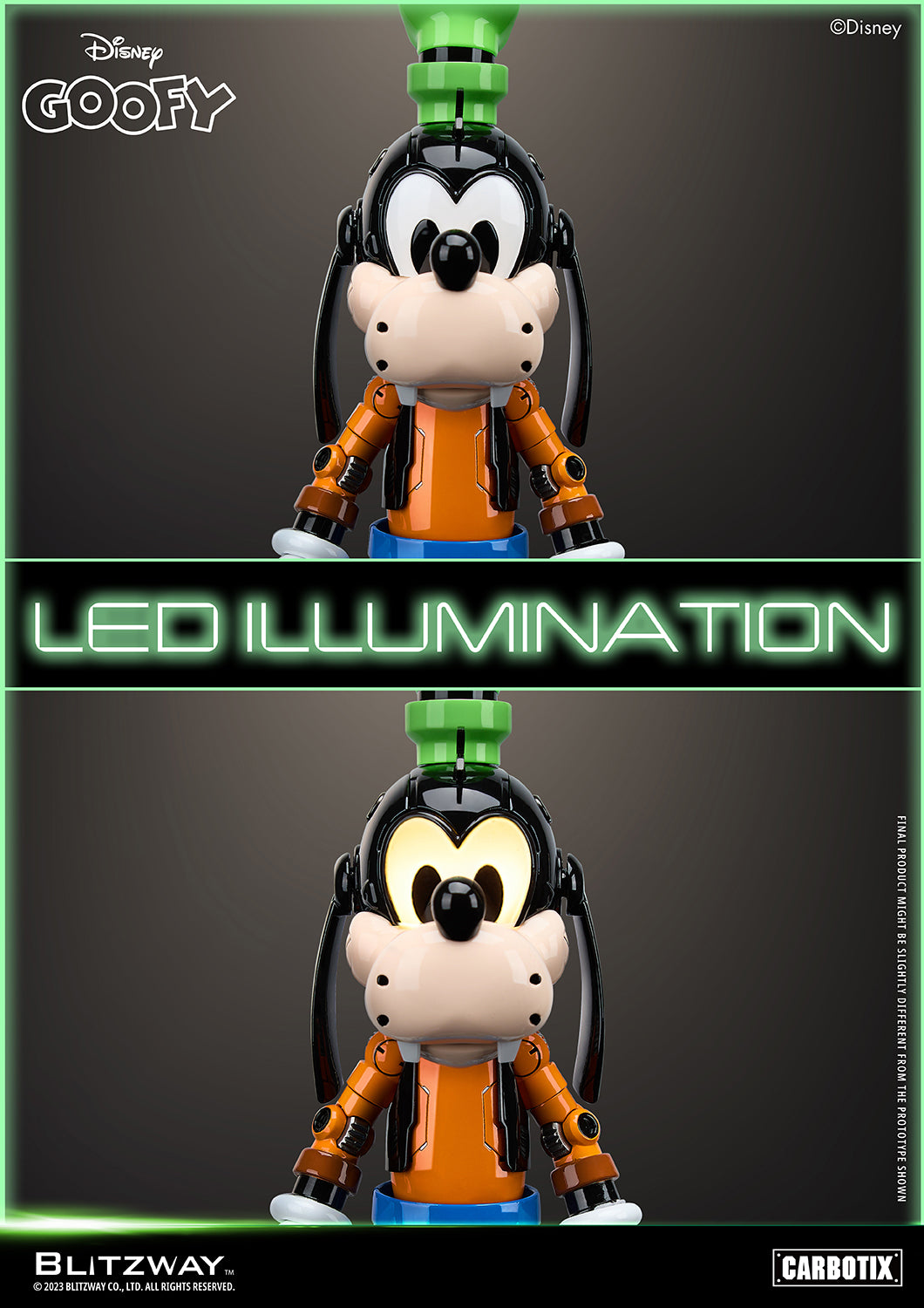 Front view comparison of Disney Goofy 1/6 scale die-cast action figure by Blitzway with LED illumination on and off, showing glowing eye feature in Carbotix series