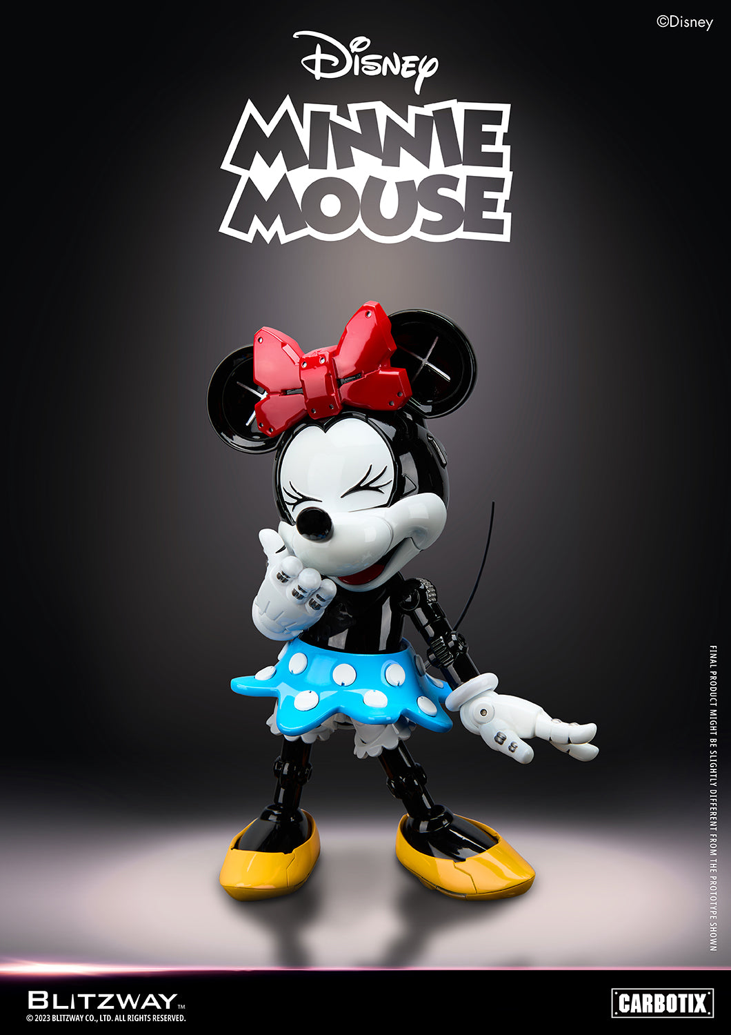 Front view of Blitzway Carbotix Minnie Mouse 1/6 scale action figure blowing a kiss, featuring a robotic design with red bow and yellow shoes