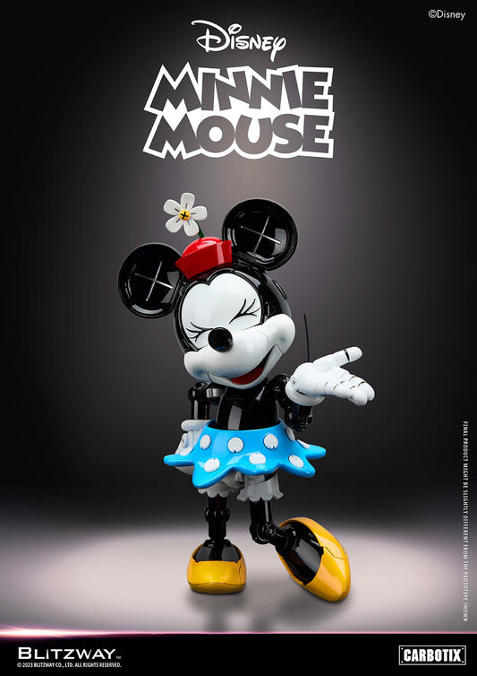 Blitzway Carbotix Disney Minnie Mouse 1/6 scale action figure in a robotic design with red hat, blue skirt, and expressive pose