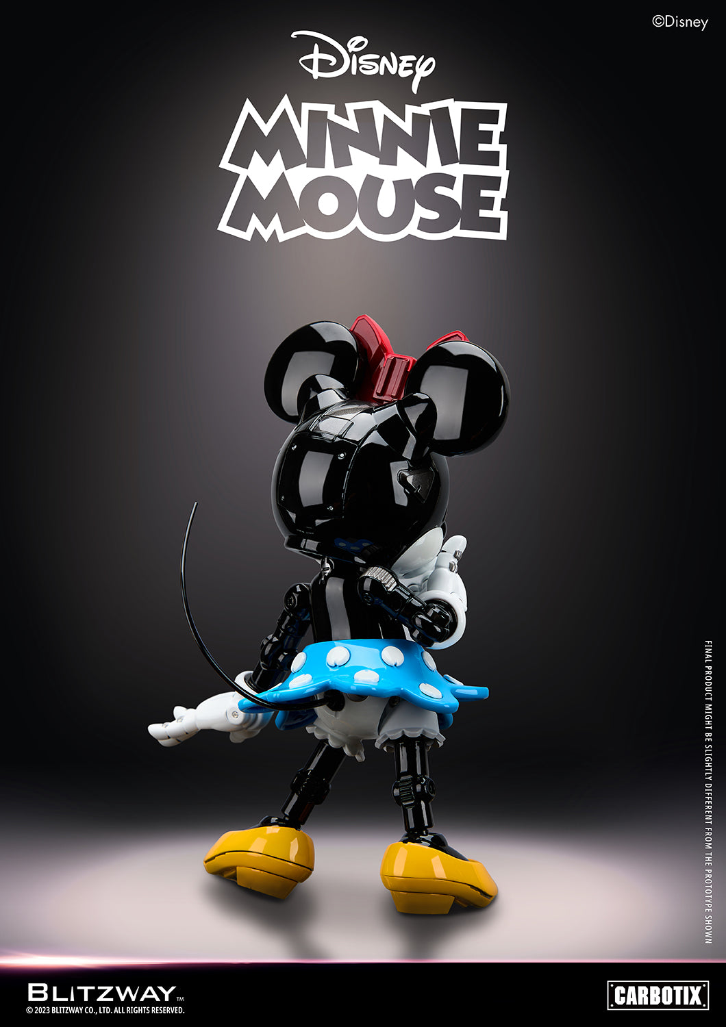 Blitzway Carbotix Minnie Mouse 1/6 scale action figure shown from the back, featuring a red mechanical bow and articulated tail