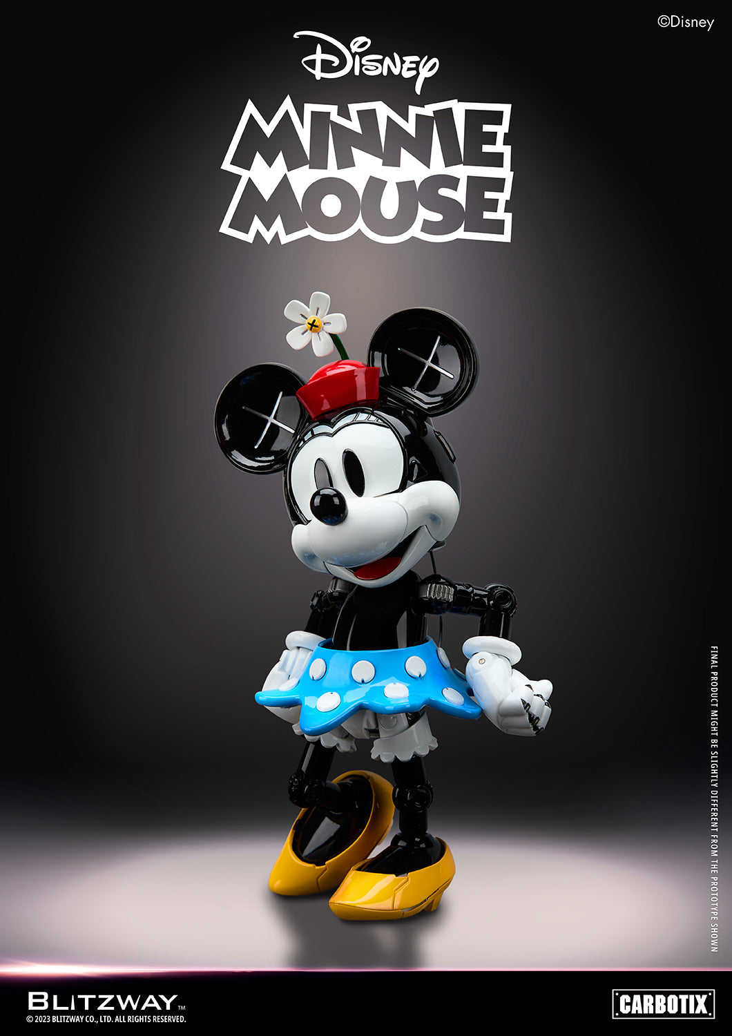 Blitzway Carbotix Minnie Mouse 1/6 scale action figure featuring a red hat with a white daisy, classic blue polka-dot skirt, and articulated robot limbs