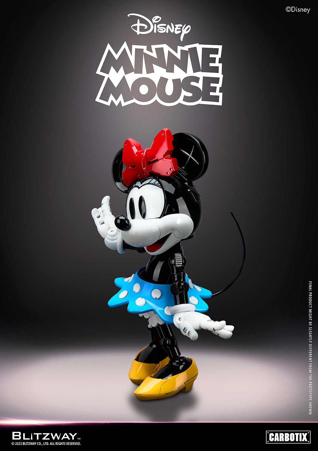 Blitzway Carbotix Minnie Mouse 1/6 scale action figure with red mechanical bow, shown in side pose with robotic arms extended