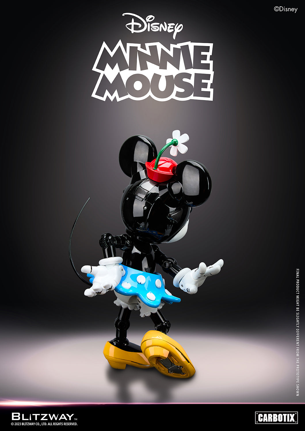 Back view of Blitzway Carbotix Minnie Mouse 1/6 scale action figure with red hat and flower, featuring mechanical tail and detailed die-cast design