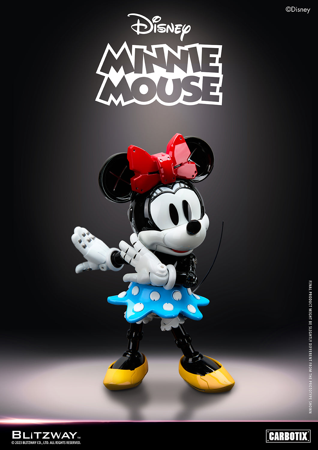 Blitzway Carbotix Minnie Mouse 1/6 scale action figure in dynamic crossed-arm pose with mechanical design, red bow, and polka-dot skirt