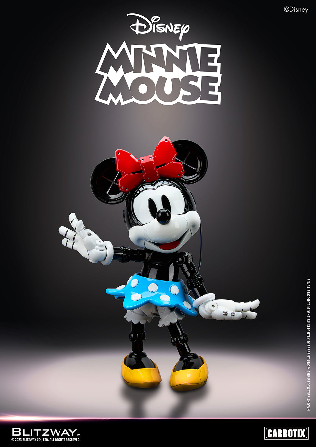Disney Minnie Mouse 1/6 scale action figure by Blitzway in robotic design, featuring red bow and blue polka dot skirt, Carbotix series
