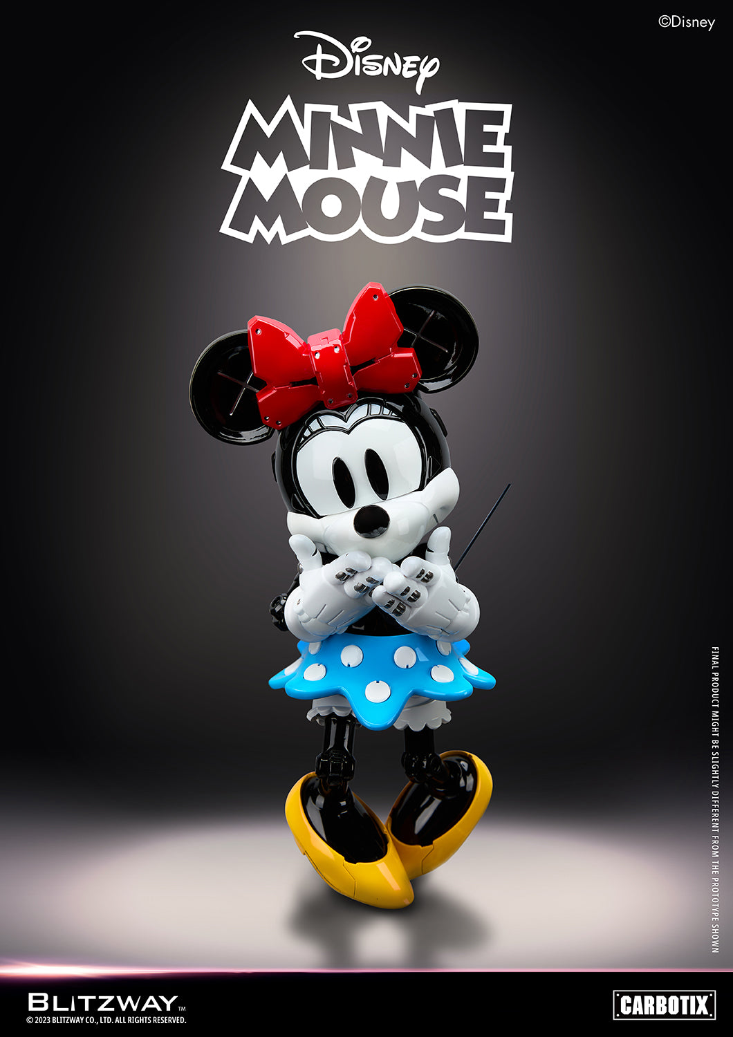 Blitzway Carbotix Minnie Mouse 1/6 scale action figure in heart gesture pose with robotic hands, red bow, and signature polka-dot blue skirt