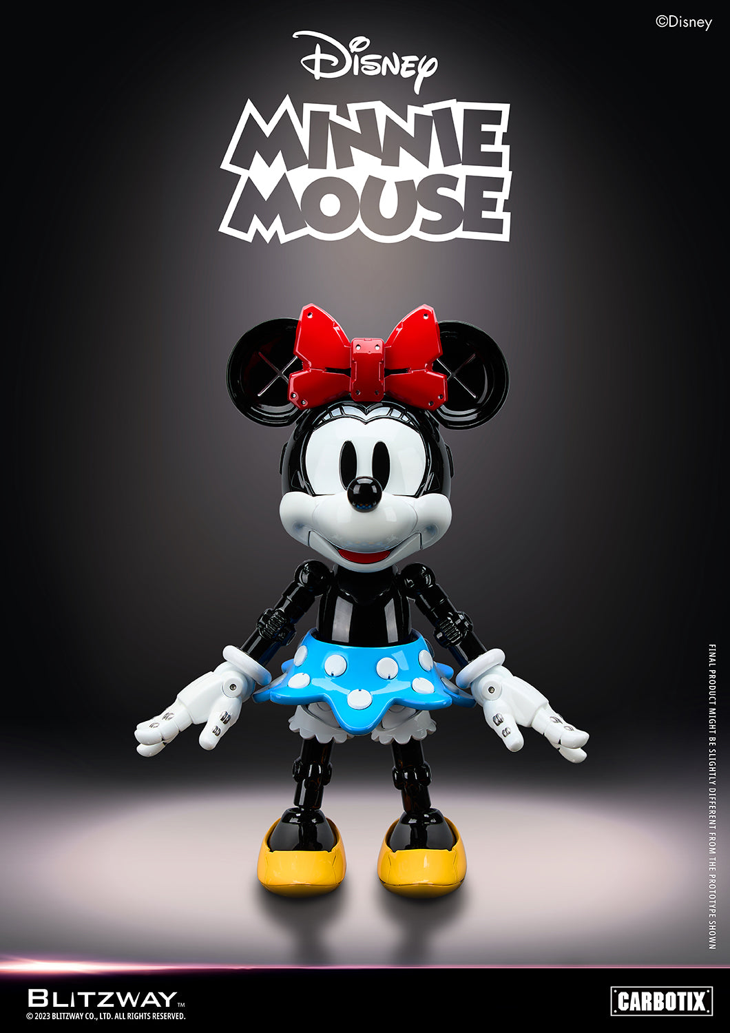 Front view of Blitzway Carbotix Disney Minnie Mouse 1/6 scale action figure featuring red bow, blue polka dot skirt, and robotic joints