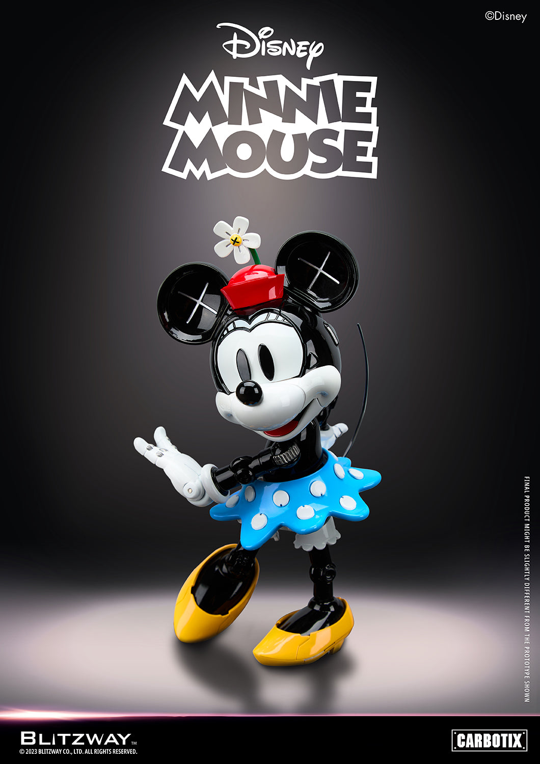 Blitzway Carbotix Minnie Mouse 1/6 scale action figure wearing red flower hat, striking a charming pose with mechanical limbs and blue polka-dot skirt