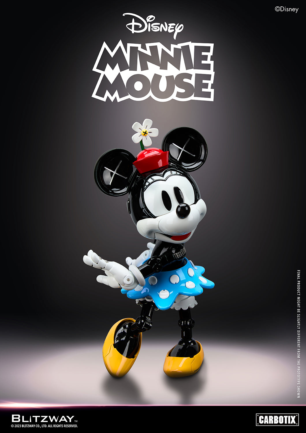 Blitzway Carbotix Minnie Mouse 1/6 scale action figure smiling brightly in a robotic design with red flower hat, yellow shoes, and blue polka-dot skirt