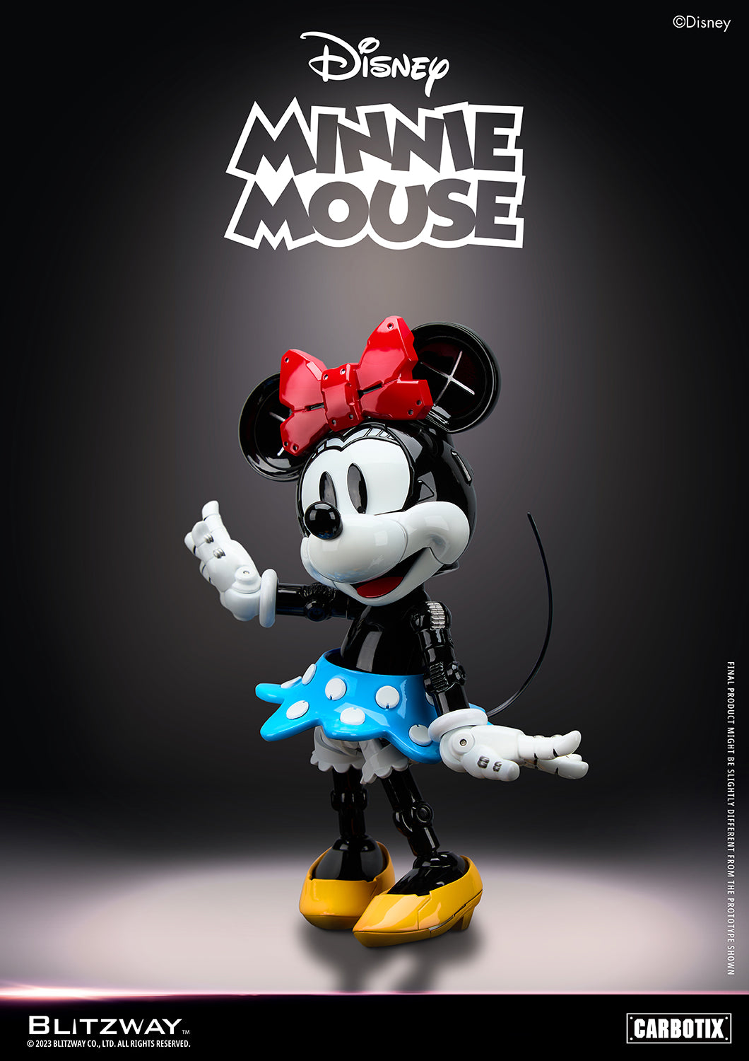 Blitzway Carbotix Minnie Mouse 1/6 scale action figure in robotic form, waving with a cheerful pose, wearing a red mechanical bow and polka-dot skirt