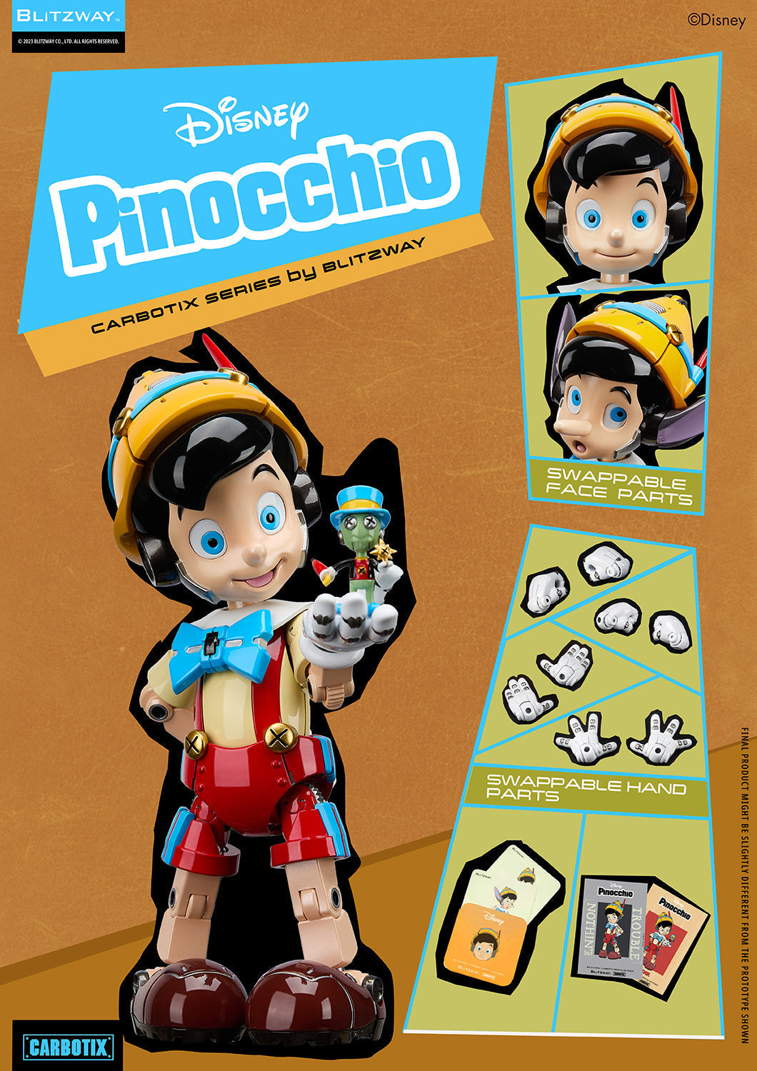 Blitzway Carbotix Disney Pinocchio 1/6 scale action figure featuring swappable face and hand parts, robotic design, and additional character accessories