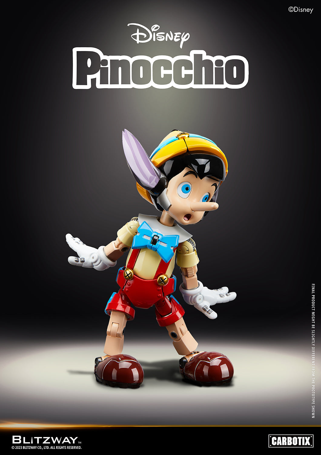 Blitzway Disney Pinocchio 1/6 scale action figure with extended nose and donkey ears, portraying the classic lie-detection scene in robotic design