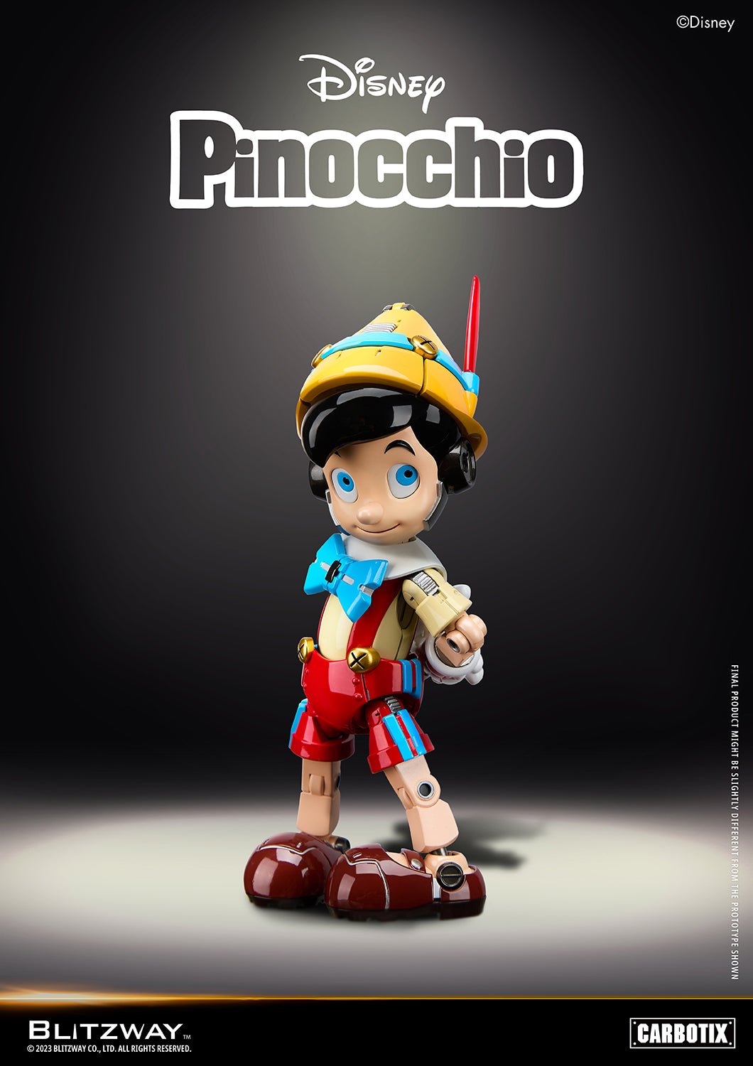 Blitzway Disney Pinocchio 1/6 scale action figure with robotic mechanical hat design and shy smile pose, reimagined in die-cast style from the classic animation