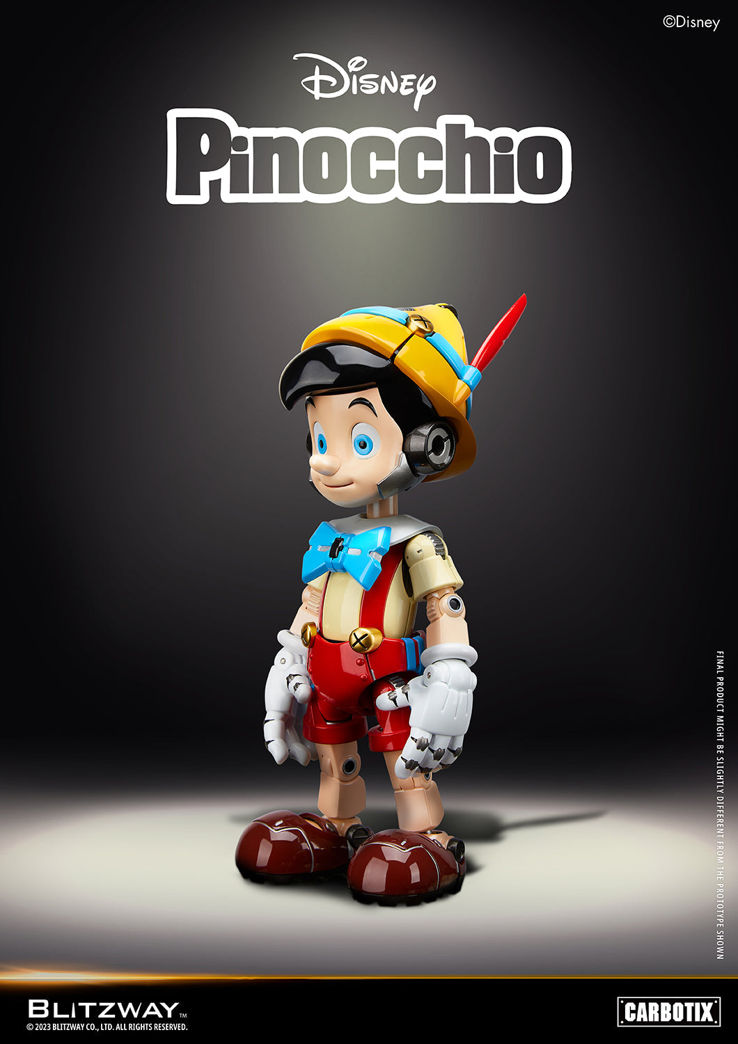 Blitzway Carbotix Disney Pinocchio 1/6 scale die-cast figure in angled standing pose, showcasing robotic joints and smiling expression
