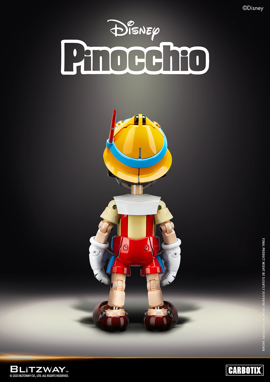Back view of Blitzway Disney Pinocchio 1/6 scale Carbotix action figure showcasing mechanical joints and vibrant costume details