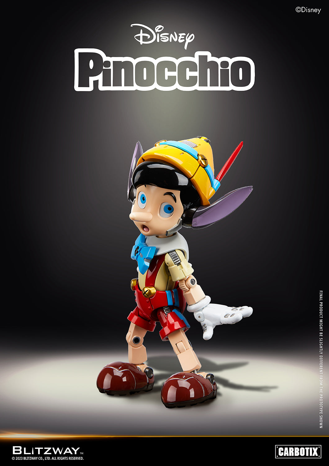Blitzway Disney Pinocchio 1/6 scale action figure with robotic design, featuring surprised expression and purple donkey ears from the iconic transformation scene