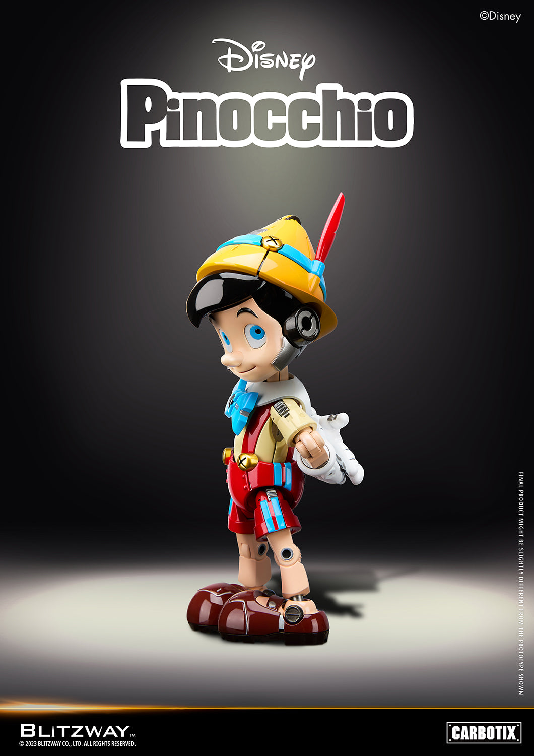 Blitzway Disney Pinocchio 1/6 scale action figure side view with mechanical joints and signature yellow hat with red feather, reinterpreted in die-cast robotic style