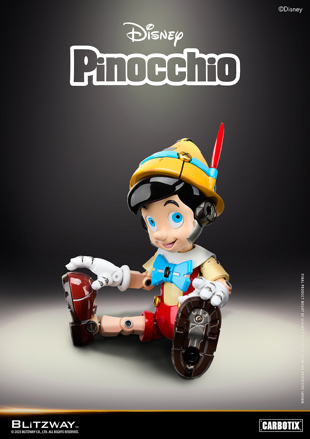 Blitzway Disney Pinocchio 1/6 scale action figure in a sitting pose, showcasing detailed mechanical joints, bright facial expression, and die-cast feet with robotic finish