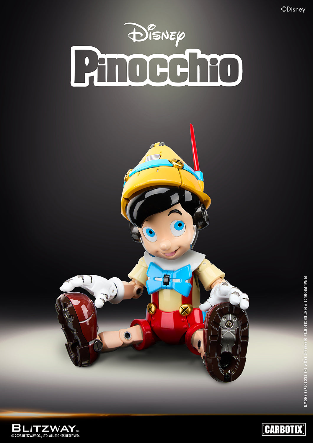 Blitzway Disney Pinocchio 1/6 scale action figure seated with both feet forward, highlighting robotic die-cast soles and mechanical limb joints