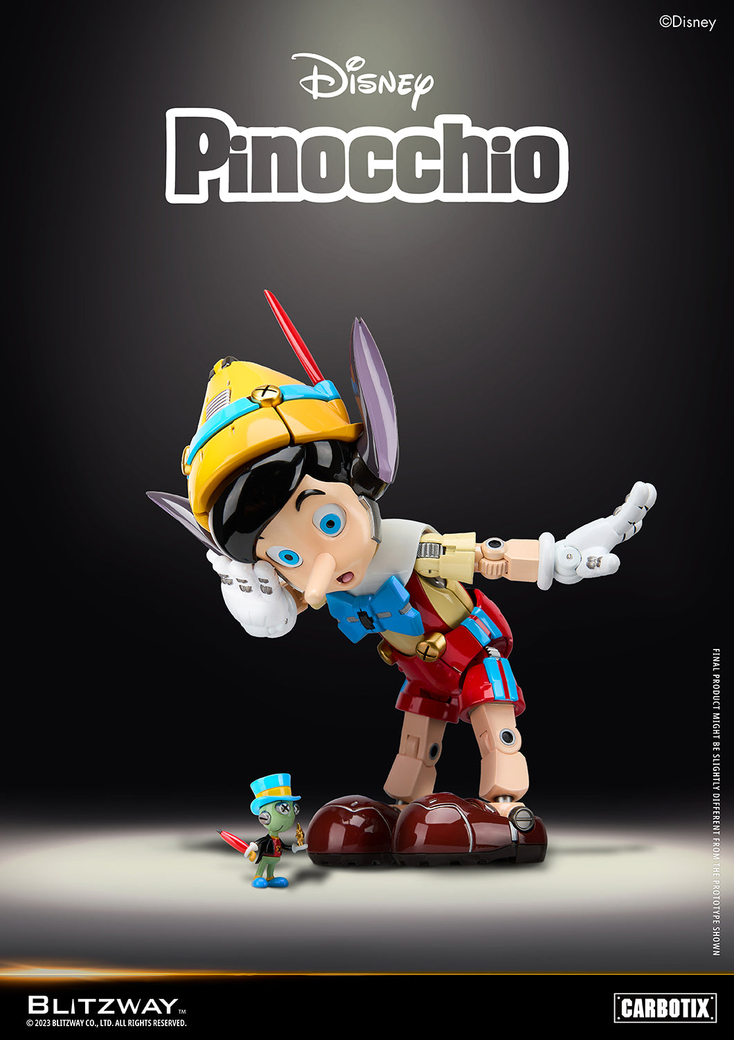 Disney Pinocchio 1/6 scale die-cast action figure by Blitzway with donkey ears and long nose, bending toward Jiminy Cricket figure in Carbotix series