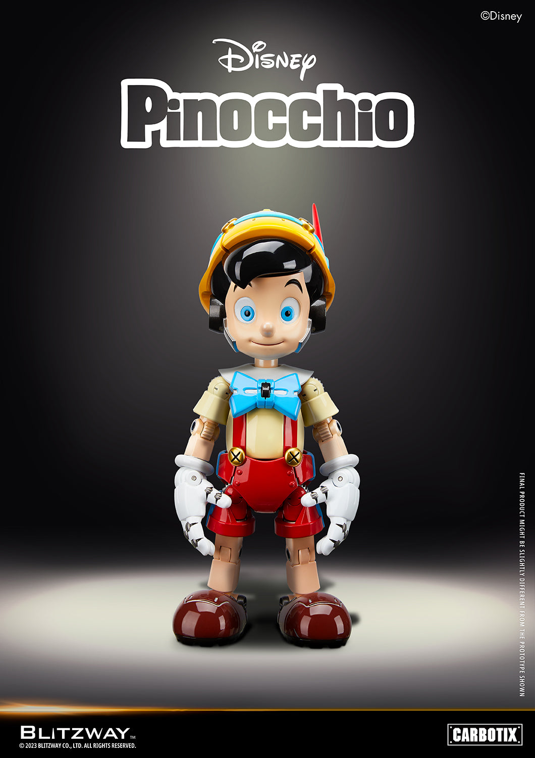 Blitzway Disney Pinocchio 1/6 scale action figure front view, featuring robotic articulation and classic outfit design from Carbotix series