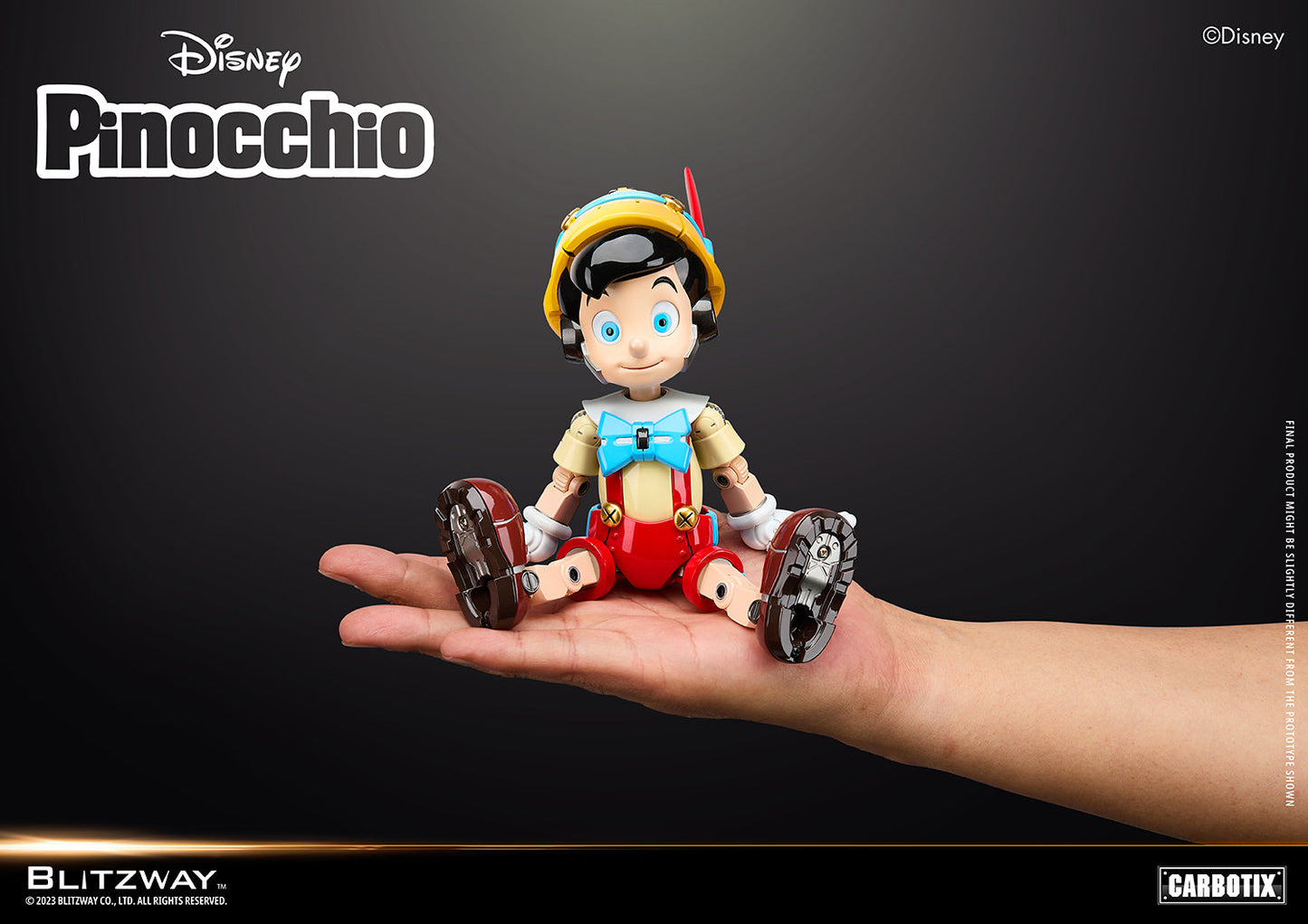 Blitzway Carbotix 1/6 scale Disney Pinocchio action figure sitting on a human hand, showcasing the small collectible size of the robotic toy