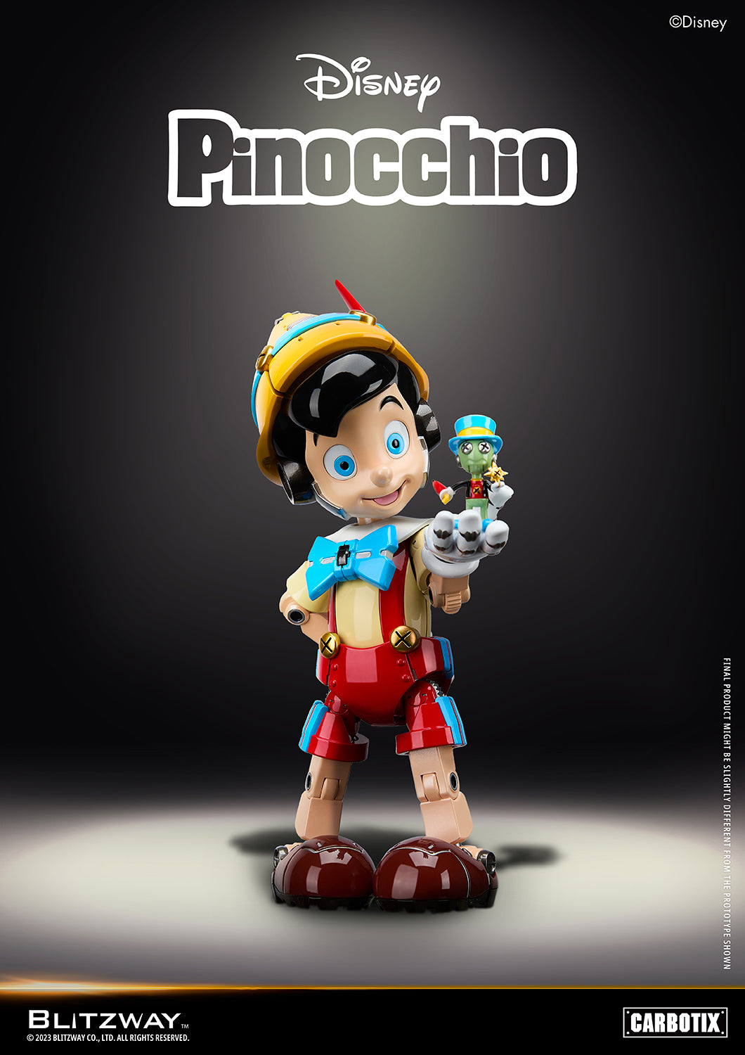 Blitzway Disney Pinocchio 1/6 scale action figure holding Jiminy Cricket on his hand, detailed die-cast robotic design from Carbotix series