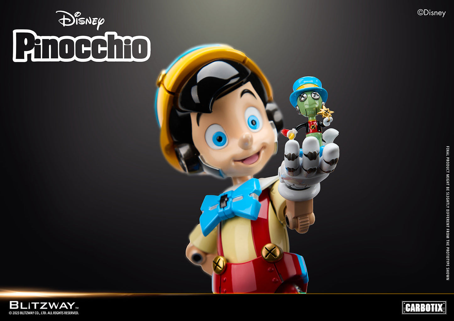 Blitzway Carbotix 1/6 scale Disney Pinocchio action figure smiling and holding Jiminy Cricket in his robotic hand, showcasing intricate character detail and mechanical design