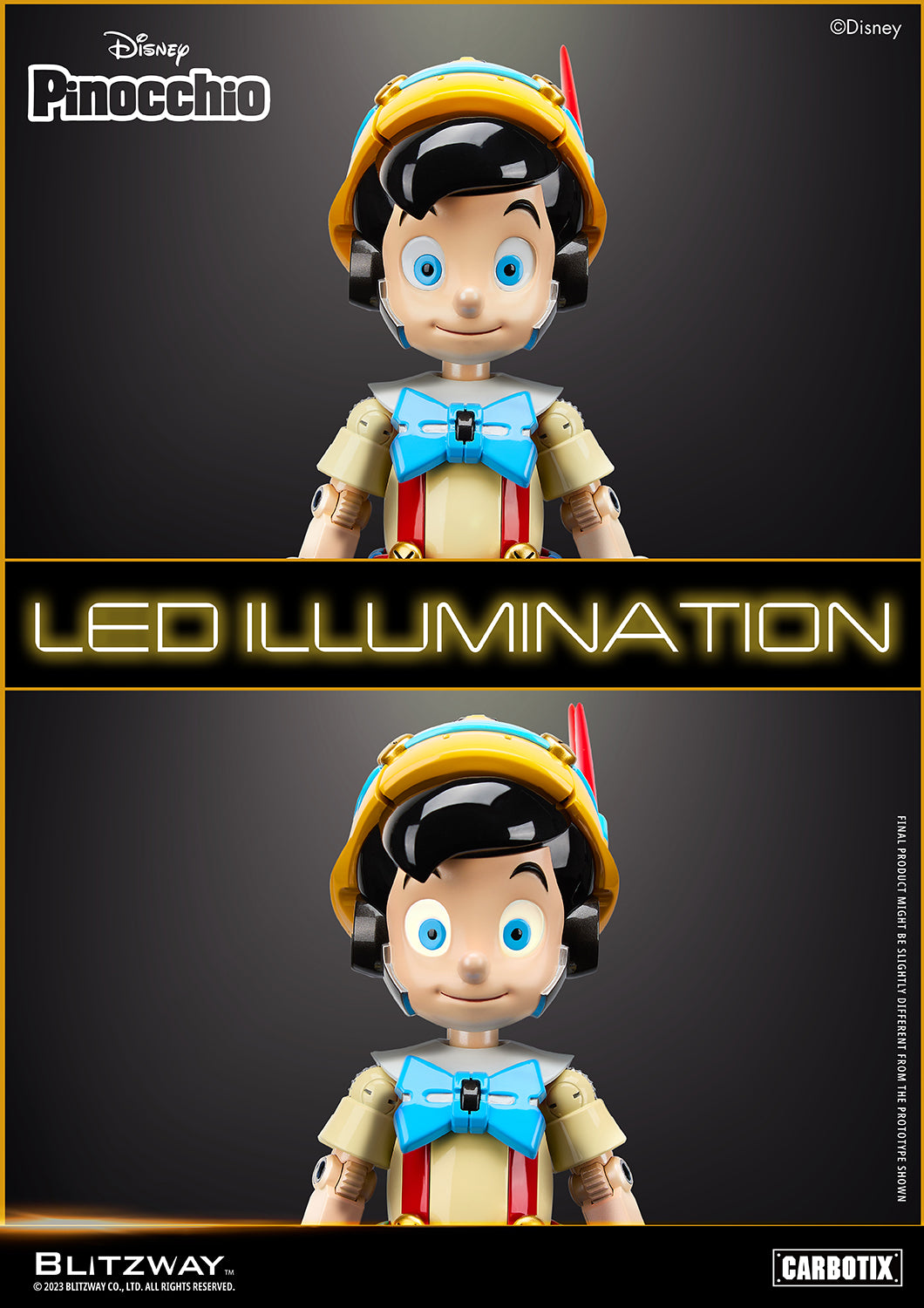 Front view of Blitzway Carbotix 1/6 scale Disney Pinocchio action figure showing LED illumination feature with light-off and light-on comparison of the robotic face