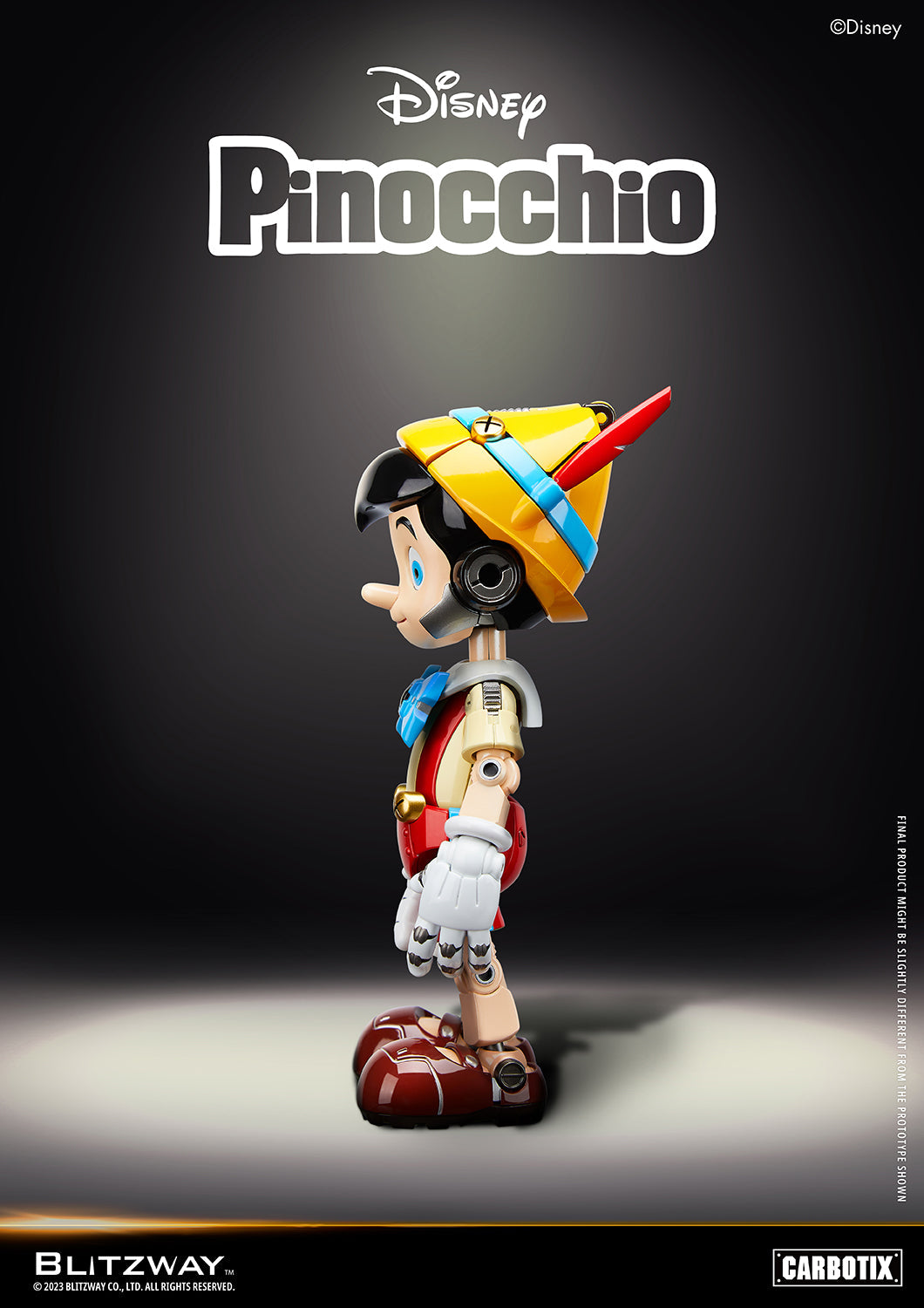 Side view of Blitzway Carbotix Disney Pinocchio 1/6 scale die-cast figure, highlighting mechanical joints and iconic yellow hat with red feather