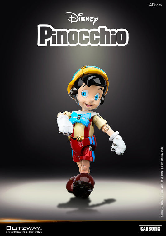 Blitzway Disney Pinocchio 1/6 scale die-cast action figure from Carbotix series, featuring articulated joints and a lively pose