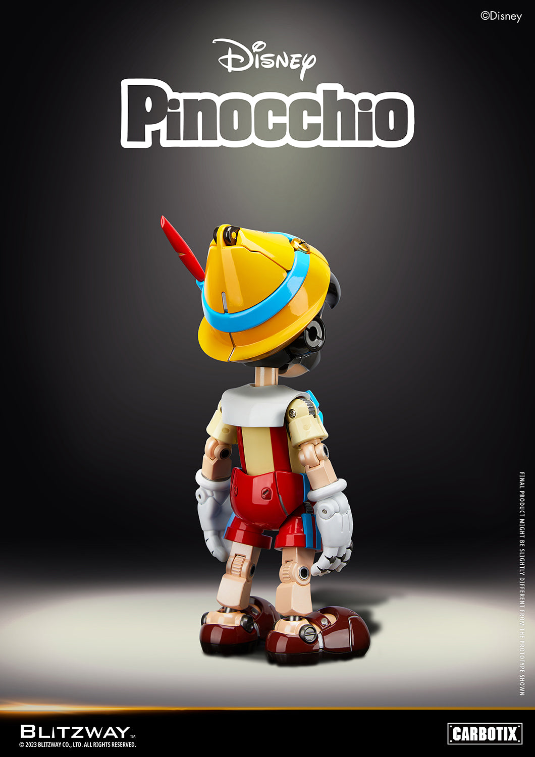 Rear angle view of Blitzway Disney Pinocchio 1/6 scale Carbotix action figure highlighting articulated limbs and glossy robotic finish