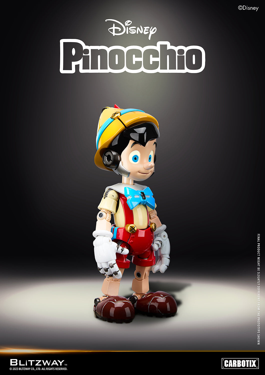 Close-up angled view of Blitzway’s Carbotix 1/6 scale Disney Pinocchio action figure featuring mechanical joints, expressive eyes, and signature outfit with yellow hat and blue bow tie