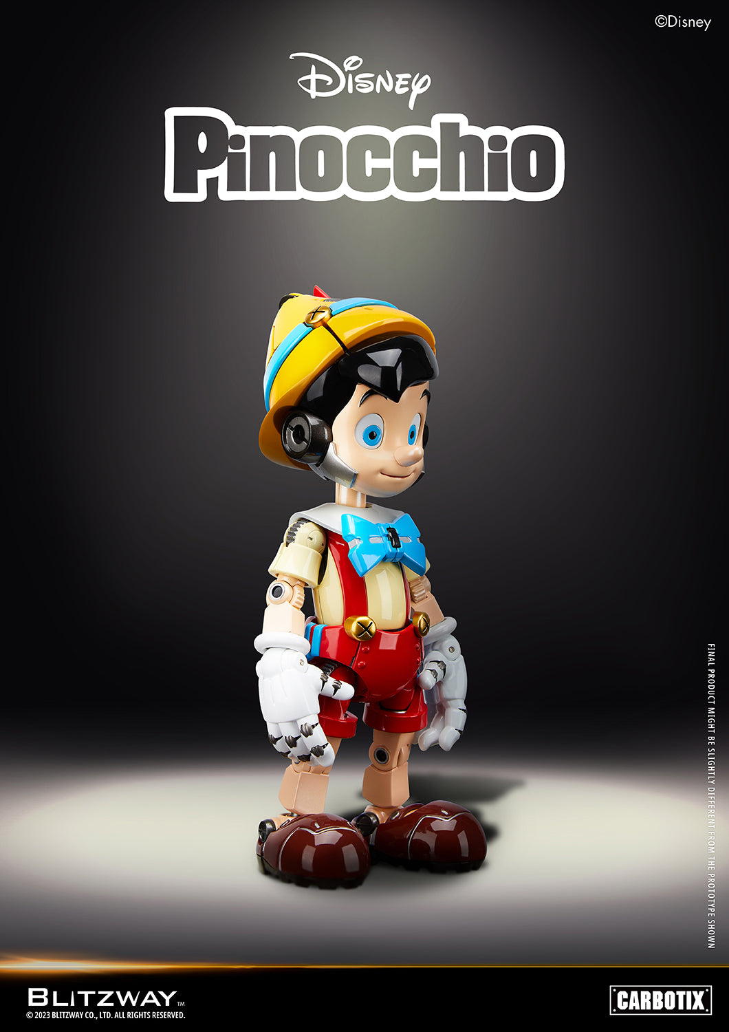 1/6 scale Disney Pinocchio action figure by Blitzway’s Carbotix series, front angled view showing facial expression and mechanical detail in red suspenders and blue bow tie