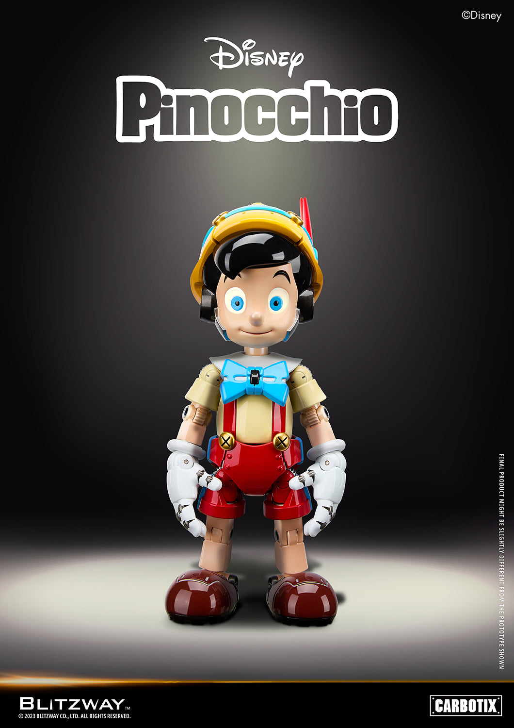 Blitzway Carbotix Disney Pinocchio 1/6 scale die-cast figure standing front-facing with neutral expression and mechanical joints