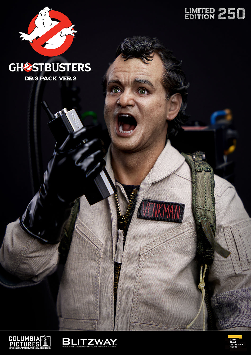 Close-up of Blitzway Ghostbusters Dr.3 Pack Ver.2 1/6 scale action figure featuring Peter Venkman with shouting expression and radio communicator, limited to 250 units