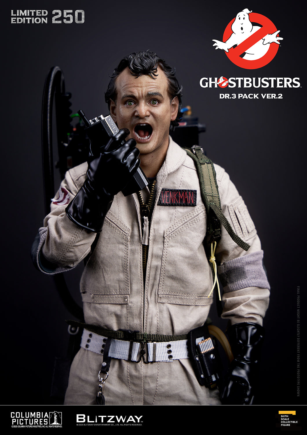 Blitzway Ghostbusters Dr.3 Pack Ver.2 1/6 scale action figure of Peter Venkman shouting with radio communicator, limited edition figure