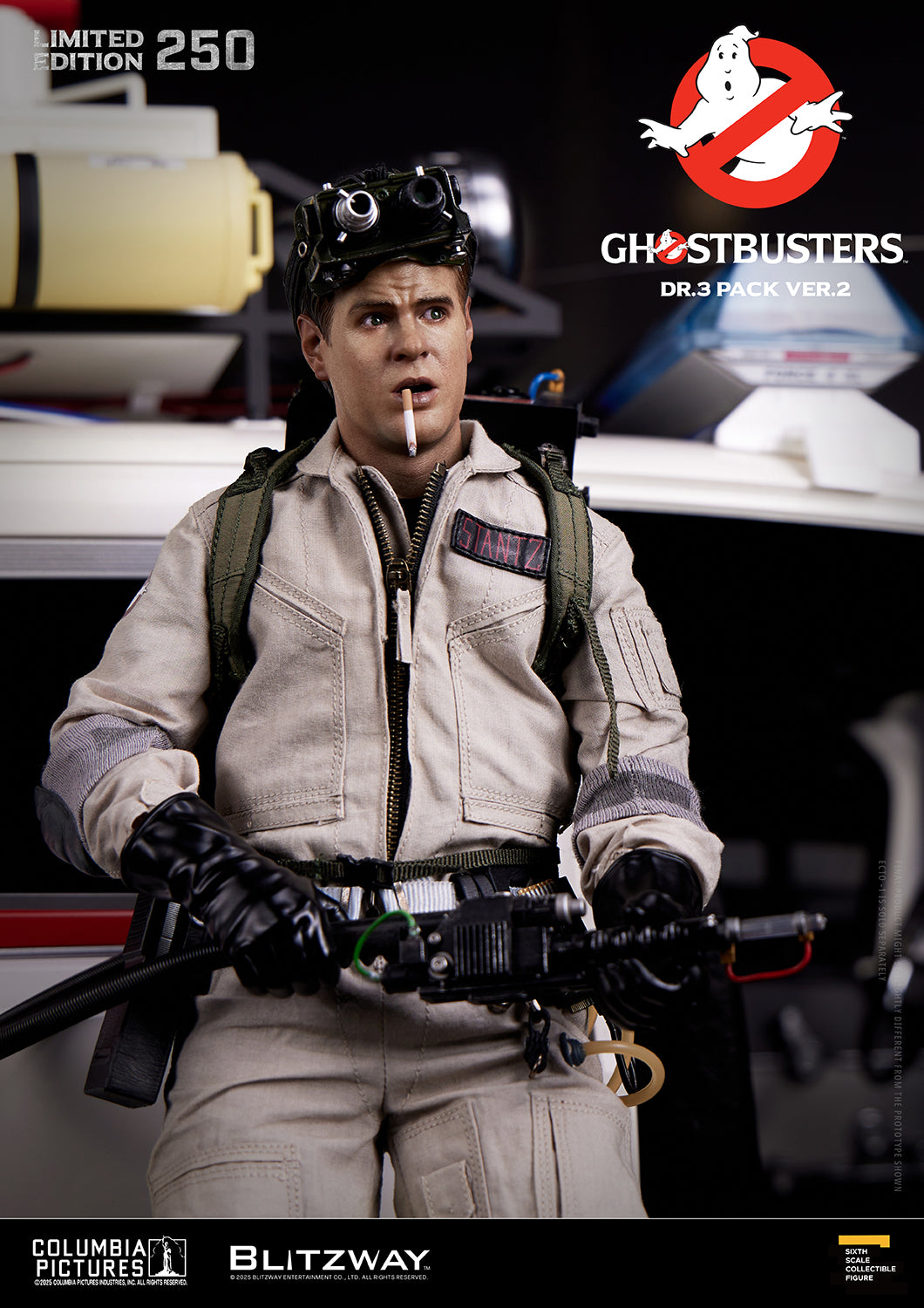 Blitzway Ghostbusters Dr.3 Pack Ver.2 1/6 scale action figure of Ray Stantz with cigarette and proton gun, featuring detailed gear from the limited 250 edition set