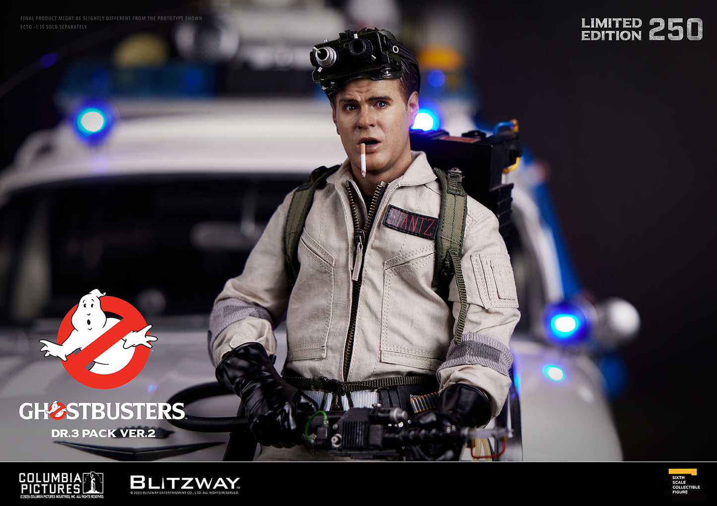 Blitzway Ghostbusters Dr.3 Pack Ver.2 1/6 scale action figure of Ray Stantz with cigarette and night vision goggles, standing in front of Ecto-1 vehicle, part of the 250 limited edition set