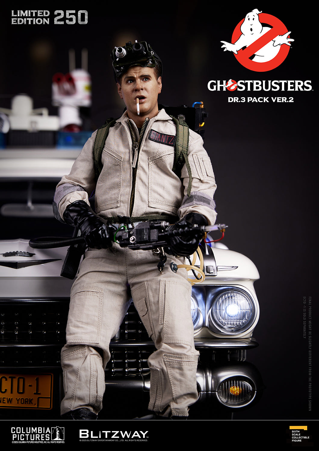Blitzway Ghostbusters Dr.3 Pack Ver.2 1/6 scale action figure of Ray Stantz seated on Ecto-1 hood, with goggles and cigarette, holding Proton Gun — limited edition 250 release