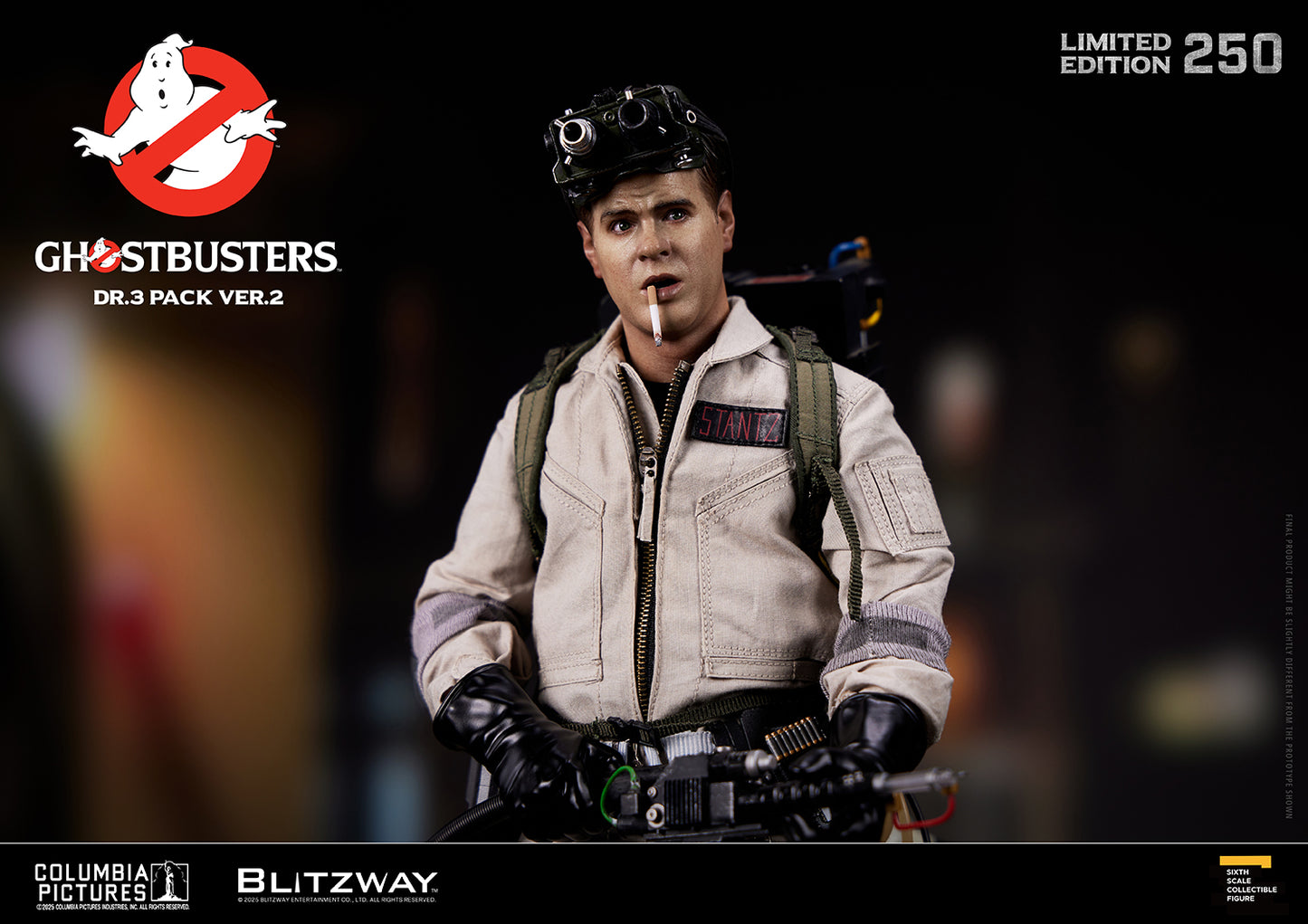 Blitzway Ghostbusters Dr.3 Pack Ver.2 1/6 scale action figure of Ray Stantz holding a proton gun with cigarette and night vision goggles, part of the 250 limited edition set