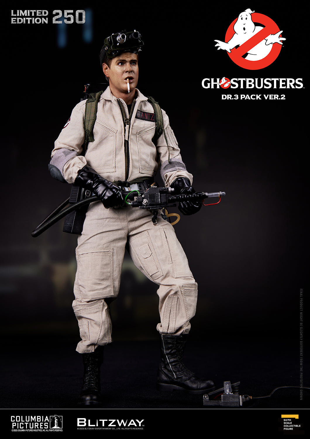 Blitzway Ghostbusters Dr.3 Pack Ver.2 1/6 scale action figure of Ray Stantz holding Proton Gun, featuring cigarette and goggles, part of limited edition of 250 figures
