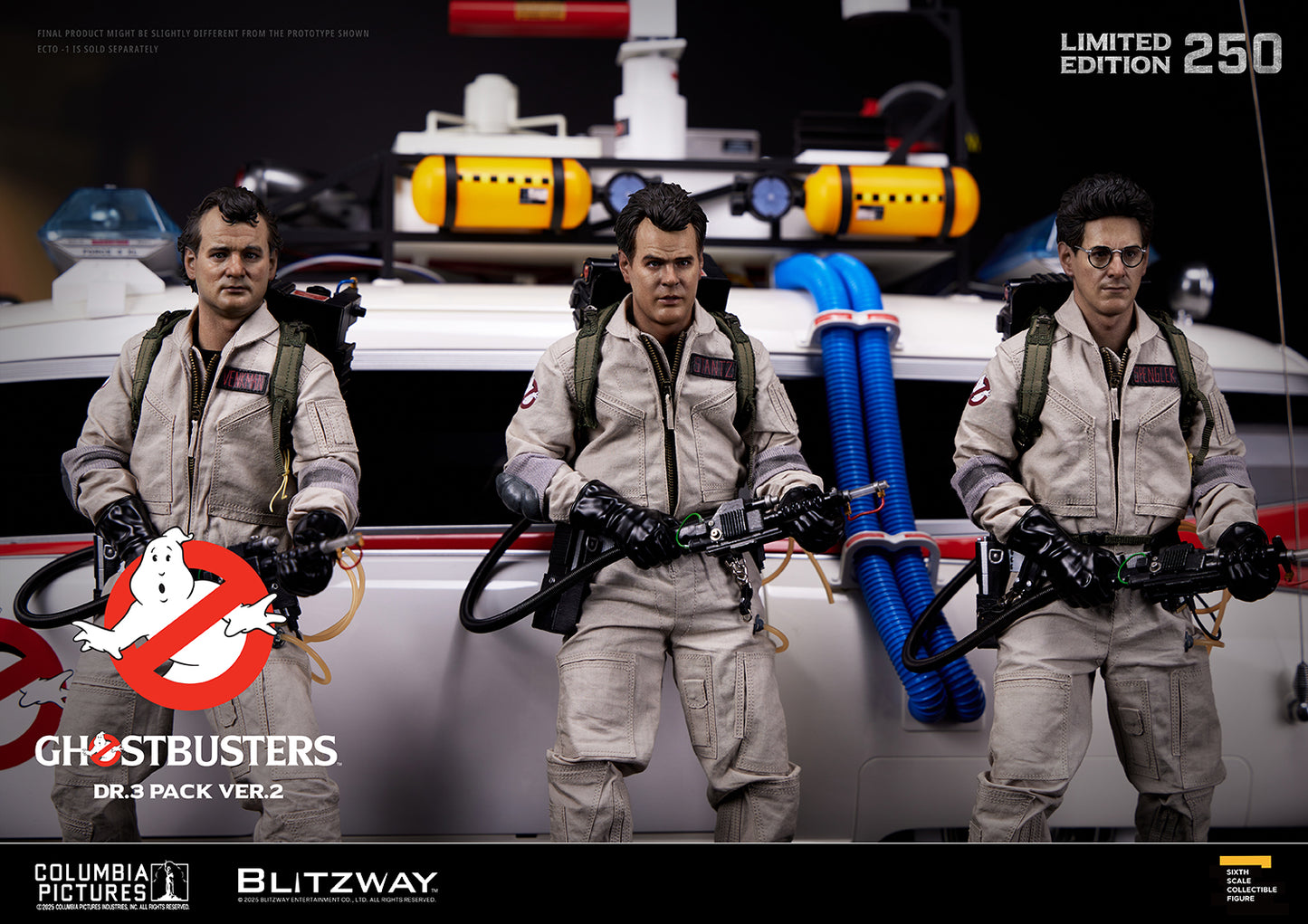 Ghostbusters Dr.3 Pack Ver.2 by Blitzway — 1/6 scale action figures of Venkman, Stantz, and Spengler standing in front of the Ecto-1 vehicle, limited edition of 250