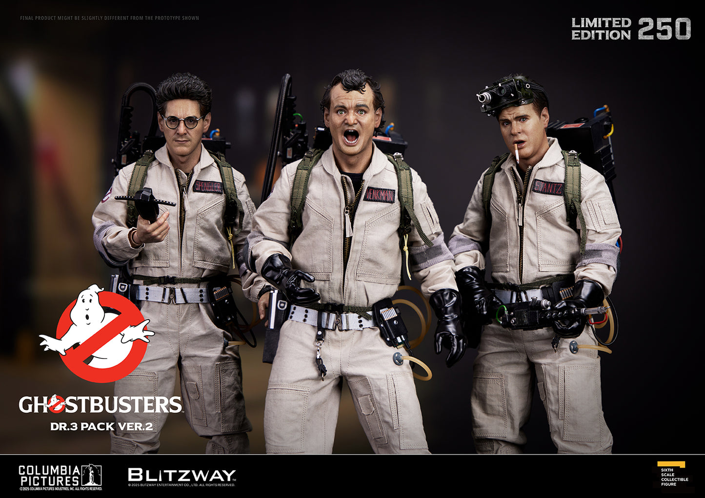 Blitzway Ghostbusters Dr.3 Pack Ver.2 1/6 scale action figures of Spengler, Venkman, and Stantz in full uniform with proton packs — limited edition of 250, collectible set