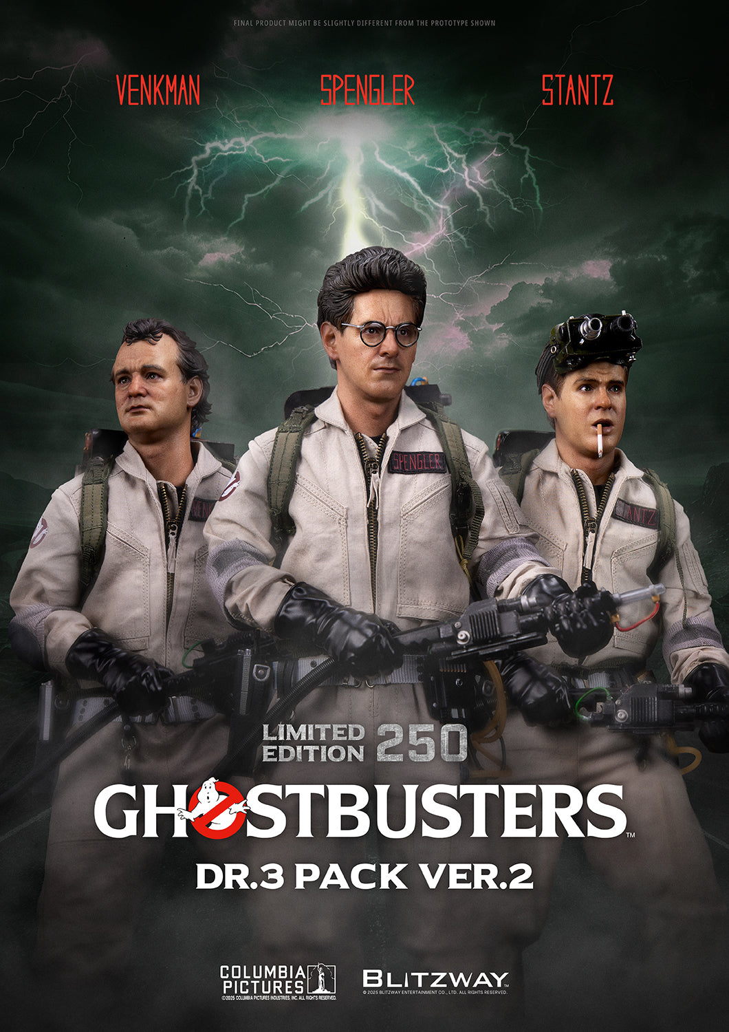 Blitzway Ghostbusters Dr.3 Pack Ver.2 limited edition 1/6 scale figures of Spengler, Venkman, and Stantz posed under dramatic lightning sky