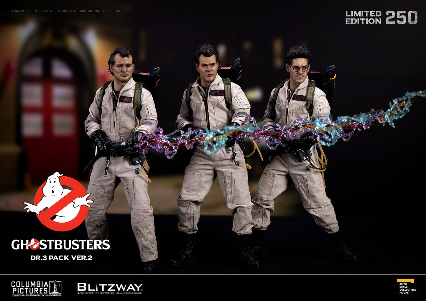 Ghostbusters Dr.3 Pack Ver.2 by Blitzway — 1/6 scale action figures of Venkman, Stantz, and Spengler firing proton beams together, limited edition of 250