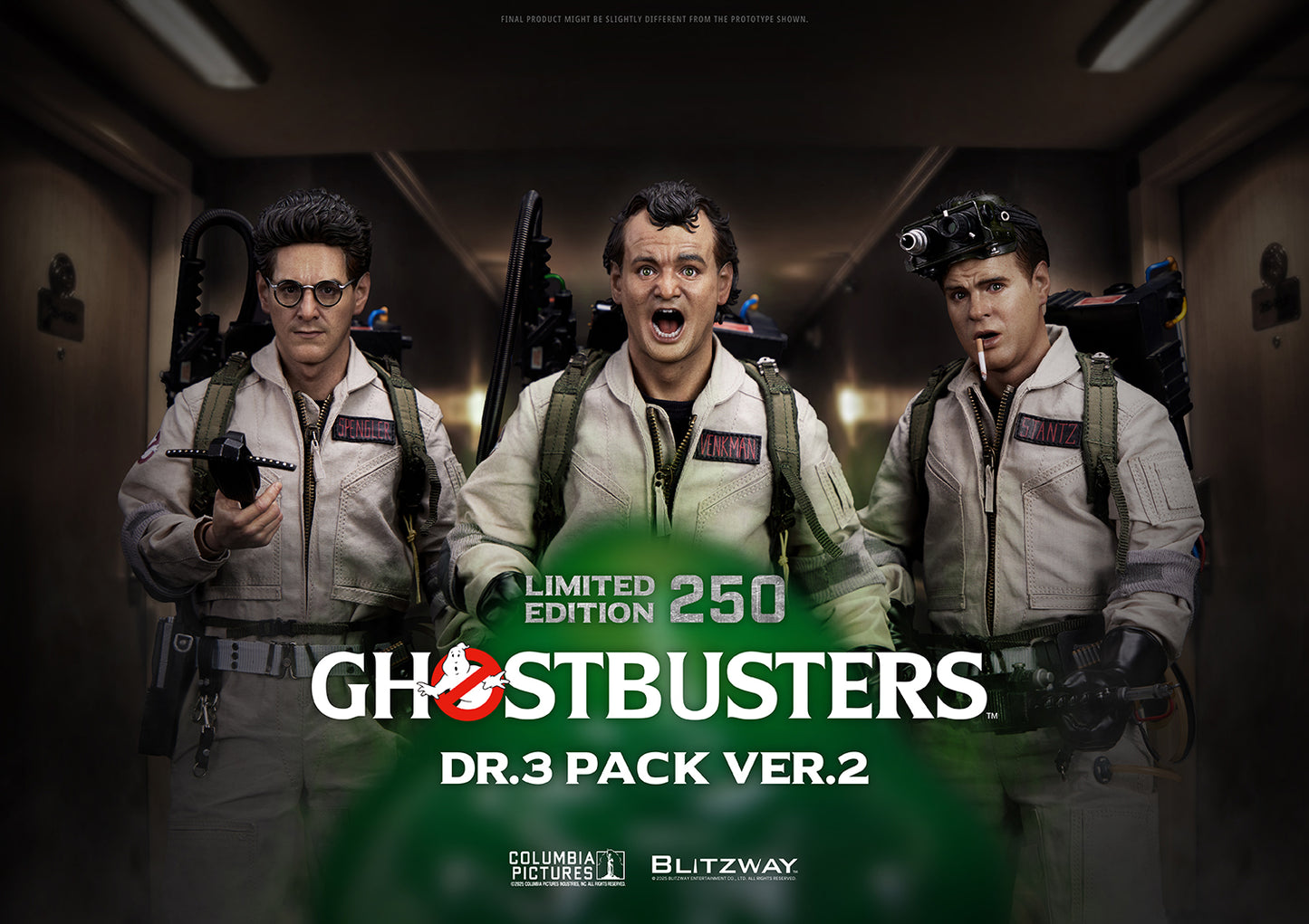 Blitzway Ghostbusters Dr.3 Pack Ver.2 featuring 1/6 scale figures of Spengler, Venkman, and Stantz with Slimer recreation in hotel hallway scene