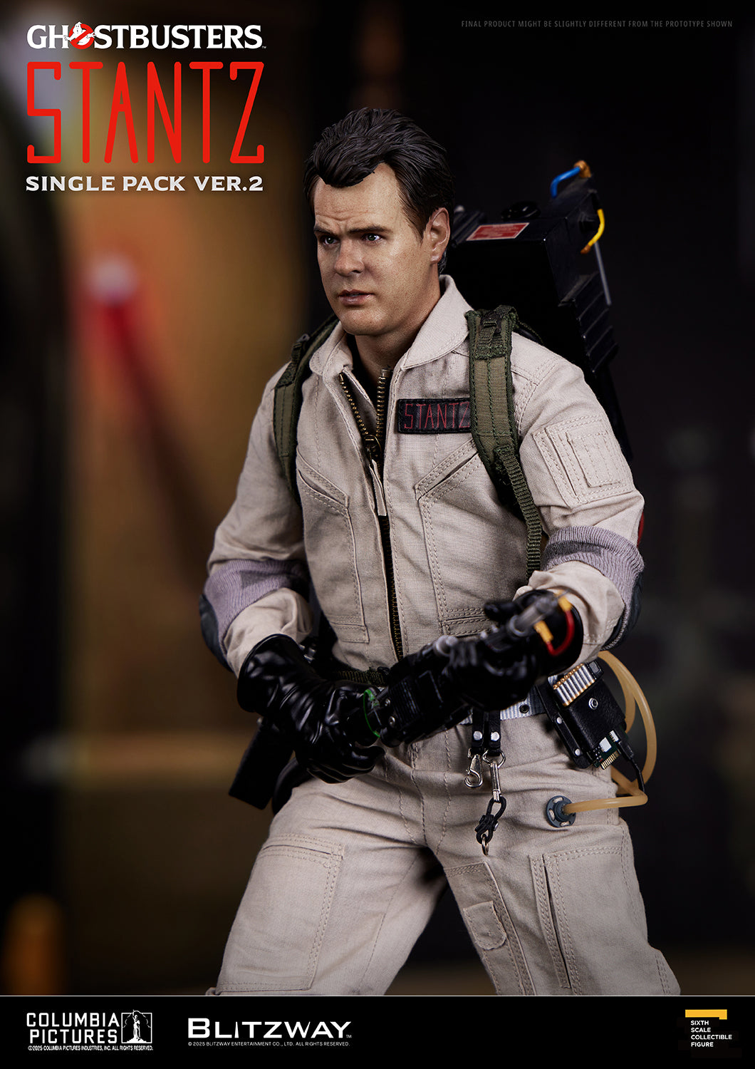 Detailed close-up of Blitzway Ghostbusters Ray Stantz Single Pack Ver.2 1/6 scale action figure with proton pack and gloved hands